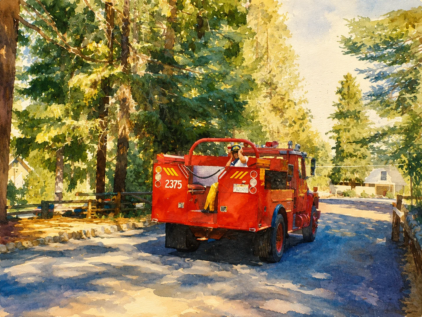 CDF engine 2375 on a forested mountain road, a firefighter in yellows riding the back step and waving