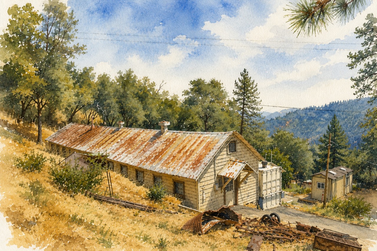 Watercolour of a long single-storey barracks with a rusted corrugated roof, standing on a dry grass slope above a forested canyon