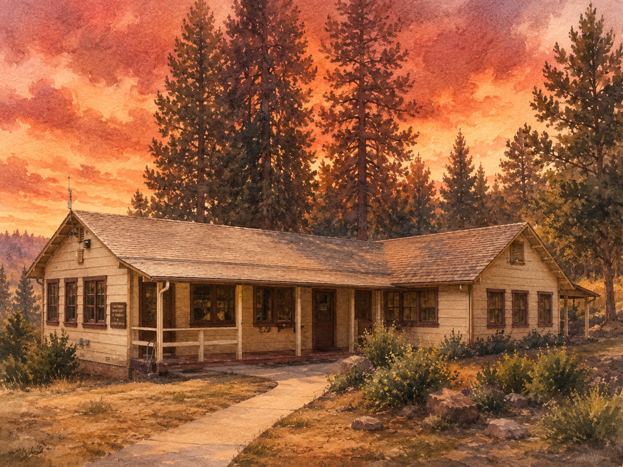 Watercolour of the long single-storey headquarters office building at the old Highway 49 yard, a sign beside the door, pines behind it under a red sunset sky