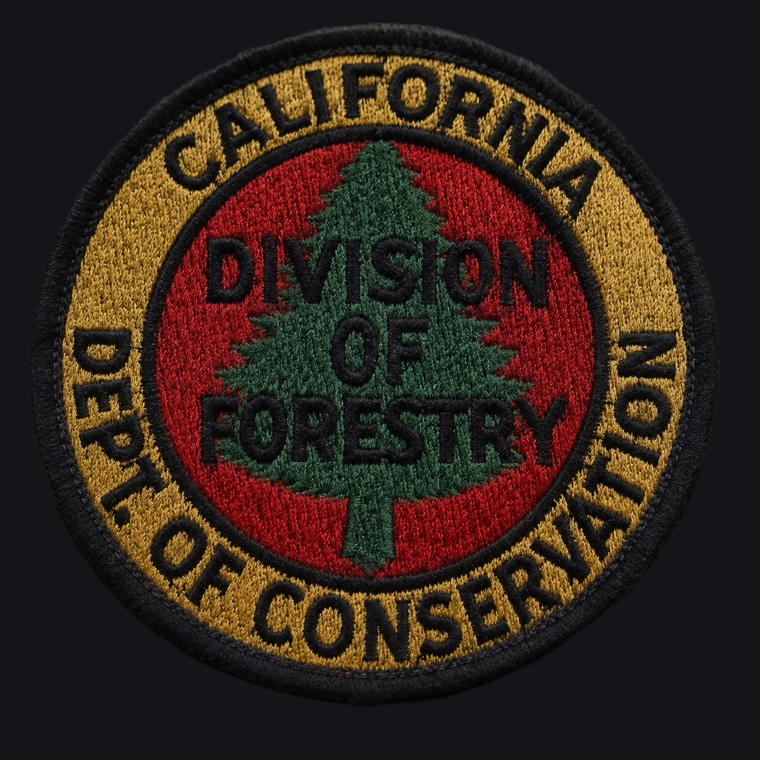 Embroidered round shoulder patch: California Division of Forestry, Department of Conservation — a green conifer on a red field inside a gold ring